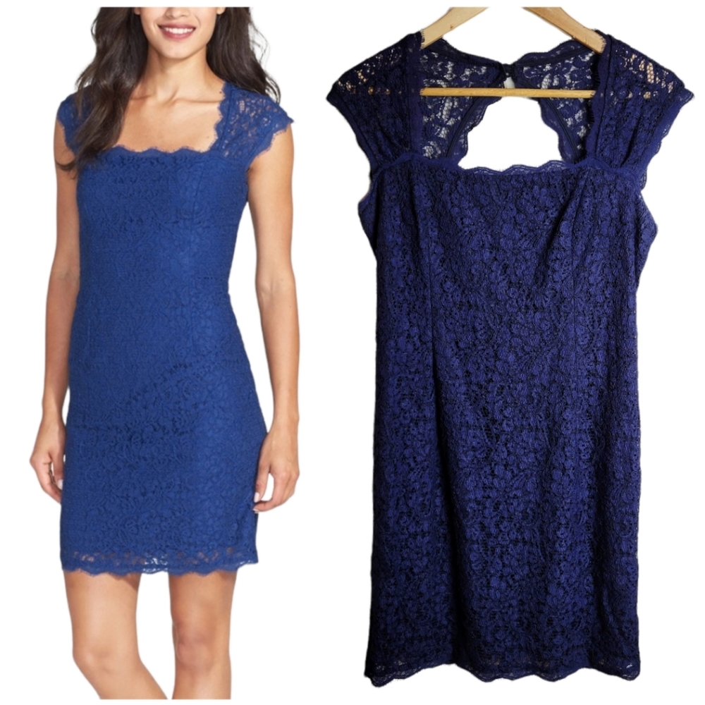 Adrianna Papell Lace Cap Sleeve Open Back Sheath Dress Navy Blue Size 10…